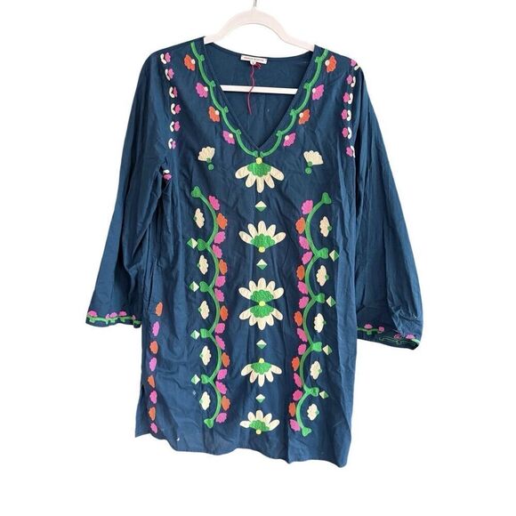 Frances Valentine Womens Blue Embroidered Floral Mini Shift Tunic Dress Medium - Picture 2 of 11